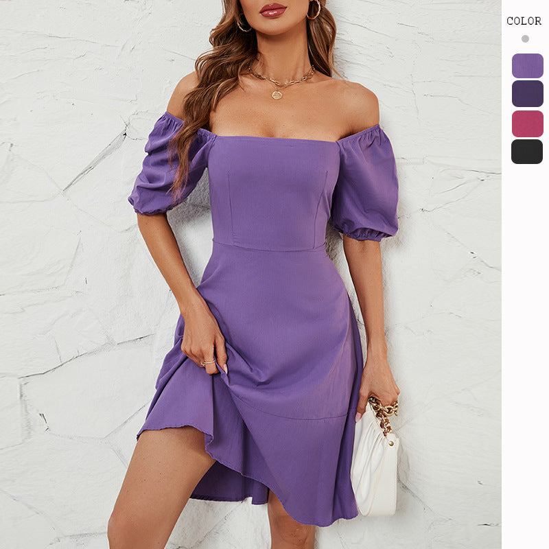 Damen Elegantes Off-Shoulder Kleid mit voluminösen Puffärmeln und asymmetrischem Schnitt Drune