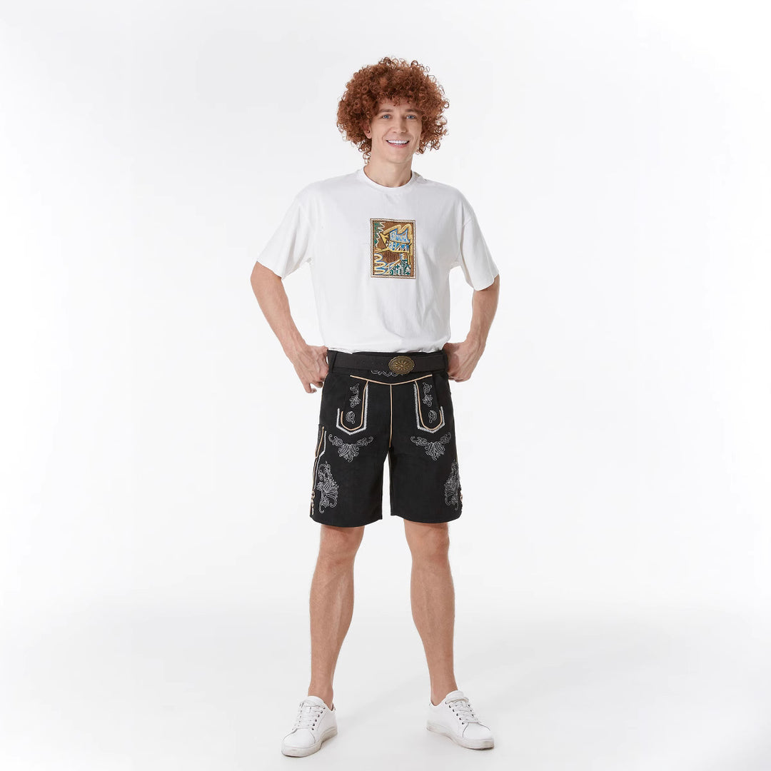 Herren nan kurze Trachtenlederhose mit filigranen Stickereien und Zierschnalle Drune