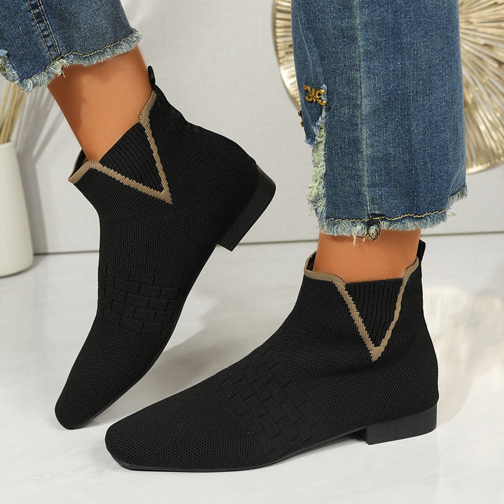 Damen nan gestrickte Sock-Stiefelette mit elastischem V-Einsatz, Zugschlaufe und flachem Blockabsatz Drune