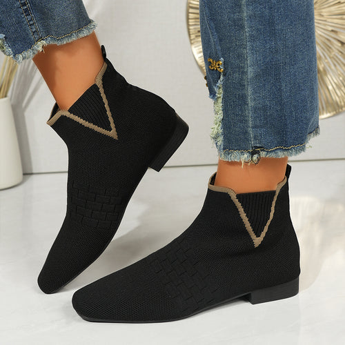 Damen nan gestrickte Sock-Stiefelette mit elastischem V-Einsatz, Zugschlaufe und flachem Blockabsatz Drune