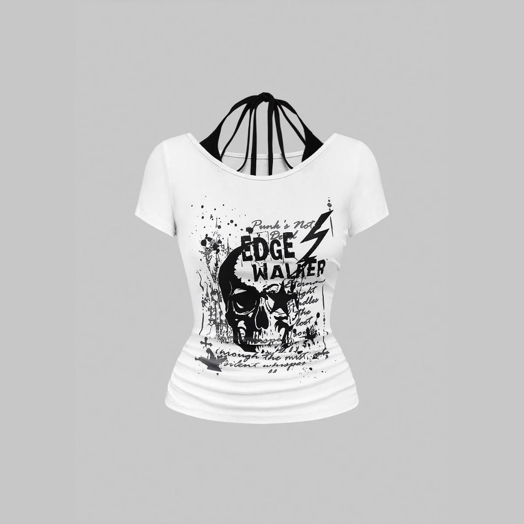 Damen kreatives Grafik-T-Shirt mit verführerischem Rückenausschnitt Drune