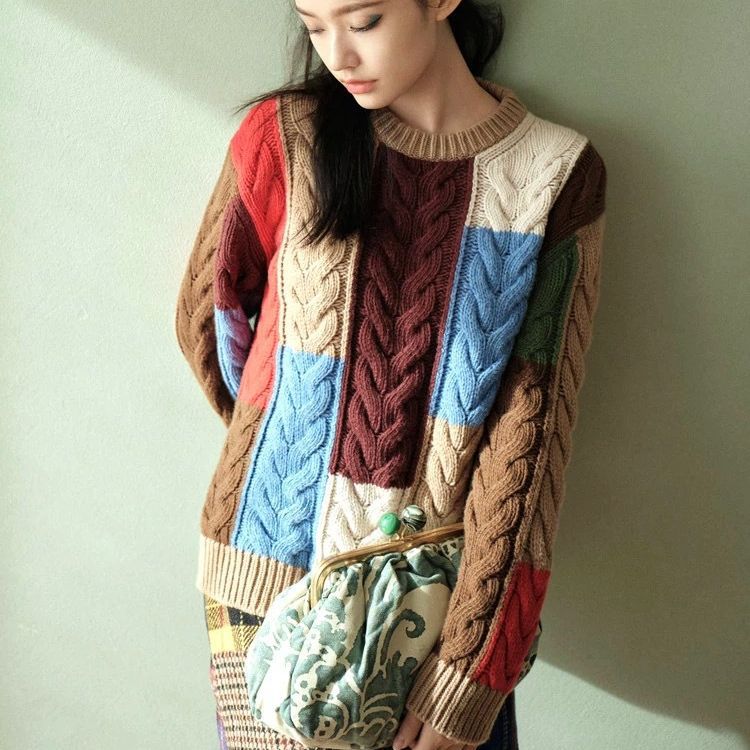 Damen Grobstrickpullover mit buntem Patchwork-Muster Drune