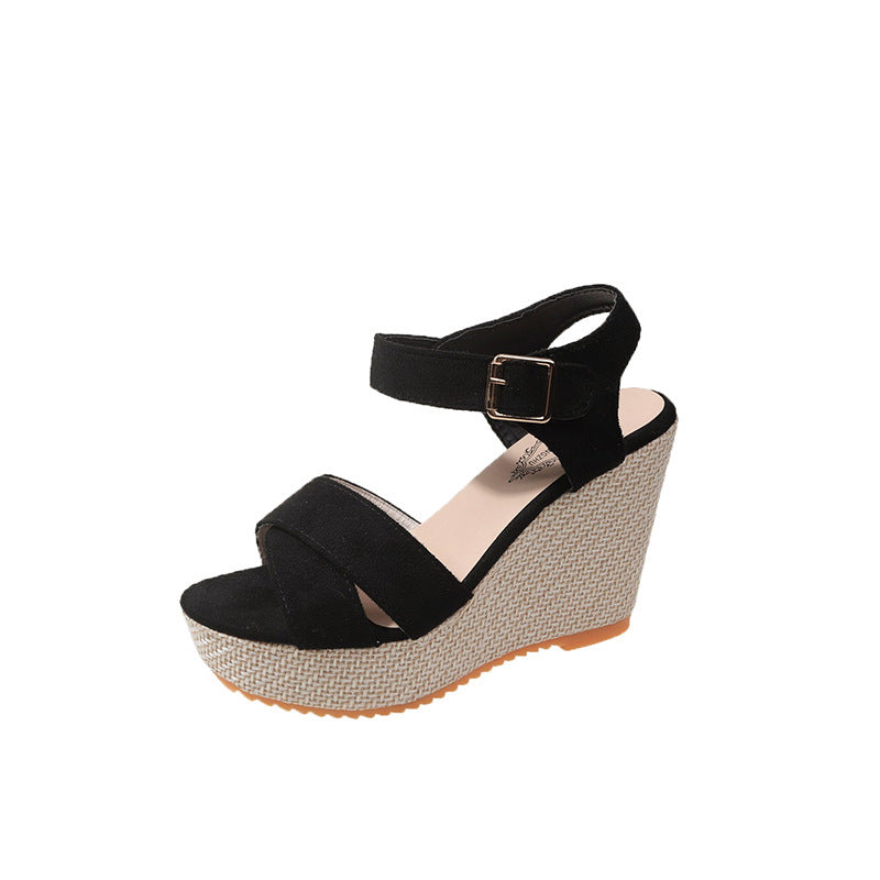 Damen nan Espadrille-Keilabsatz-Sandalette mit gekreuzten Veloursriemen und verstellbarer Schnallenlasche Drune