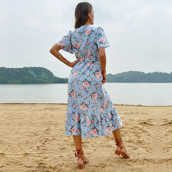 Damen romantisches Maxikleid mit floralem Design und Rüschensaum Drune