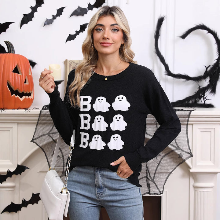 Damen Gestrickter Halloween-Pullover mit Geistermotiv und weitem Schnitt Drune