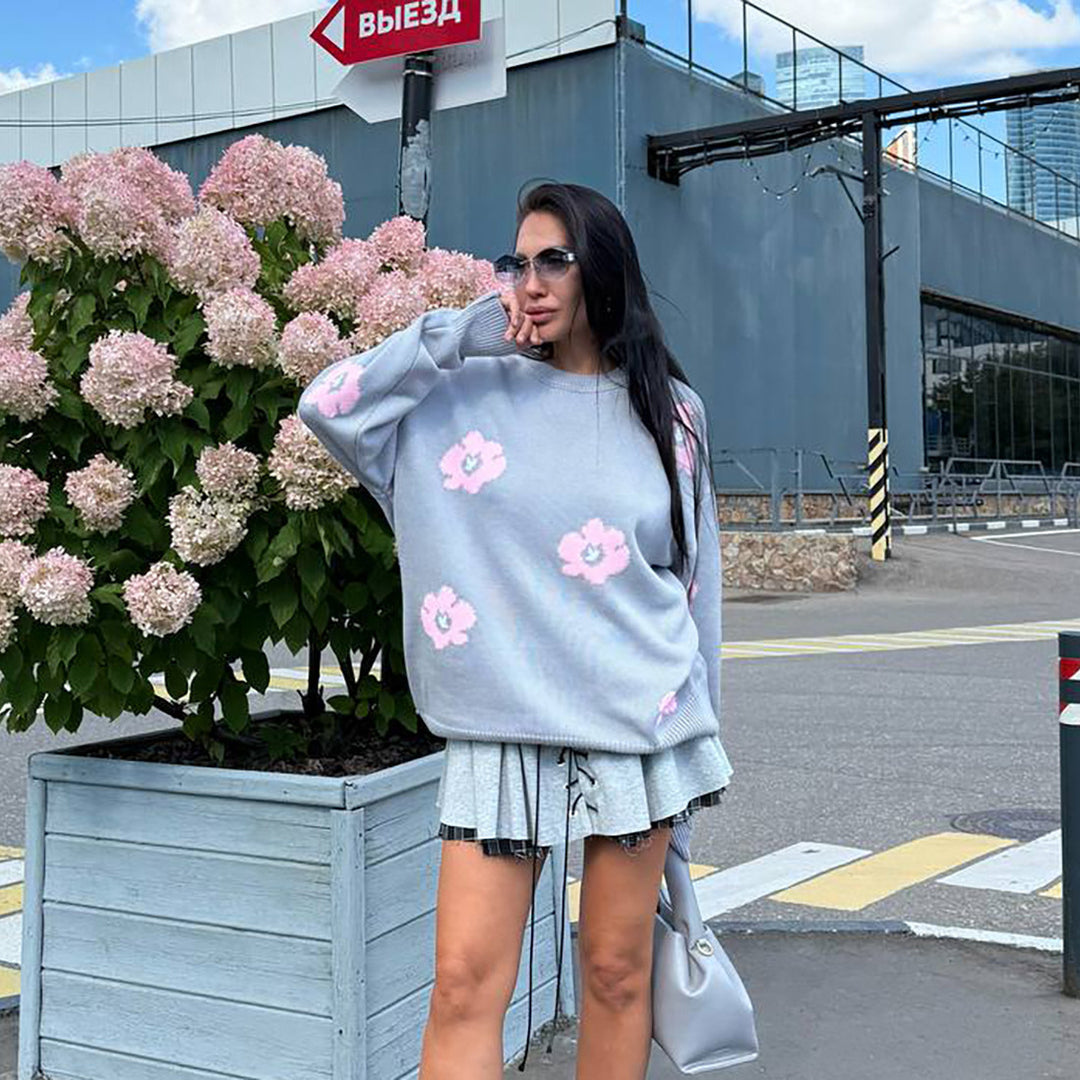 Damen Strickpullover mit floralem Muster und lässigem Schnitt Drune
