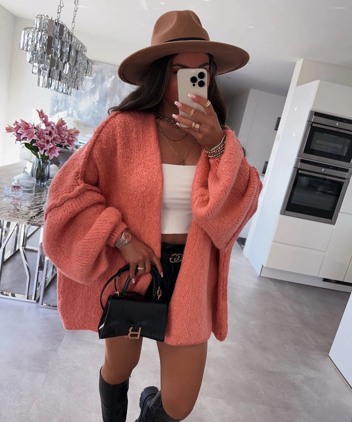 Damen oversized Strickjacke mit lässigen Ballonärmeln und strukturiertem Material Drune