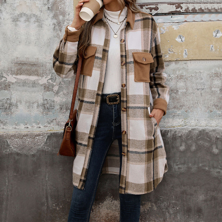 Damen karierte Langarmjacke mit praktischen Taschen und modernem Schnitt Drune