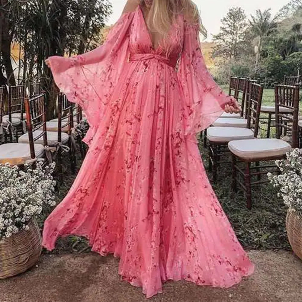 Damen Maxikleid mit schwingenden Ärmeln und floralem Muster Drune