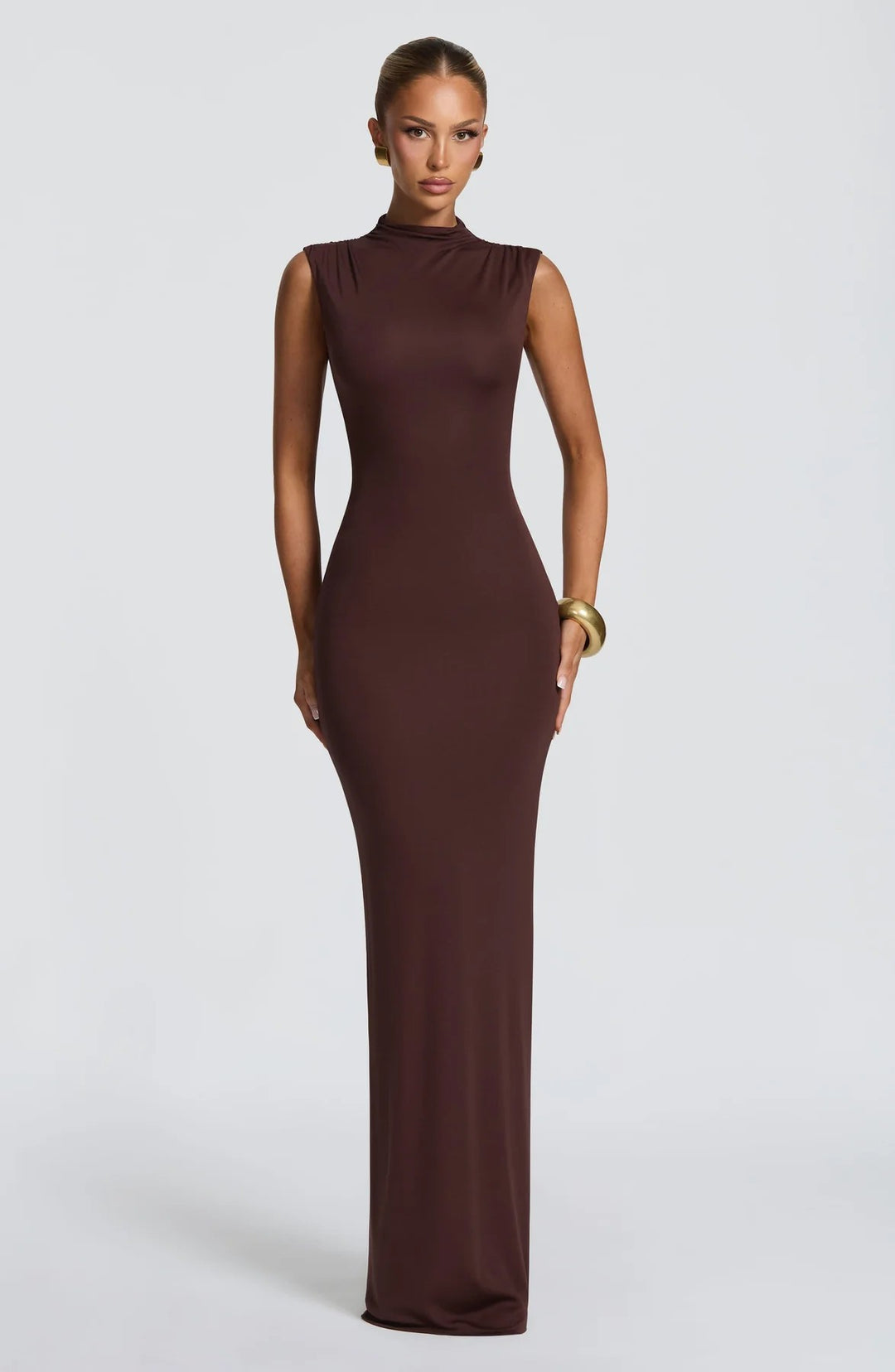 Damen Elegantes langes Kleid mit hohem Kragen und figurbetonter Silhouette Drune