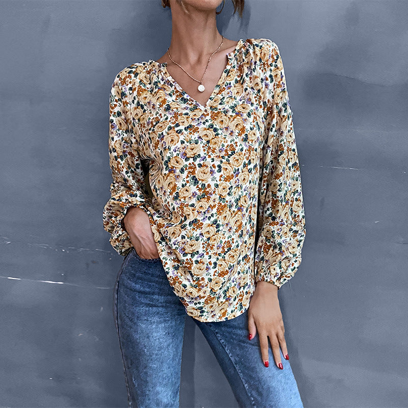 Damen Bluse mit floralen Mustern und gerafften Ärmeln Drune