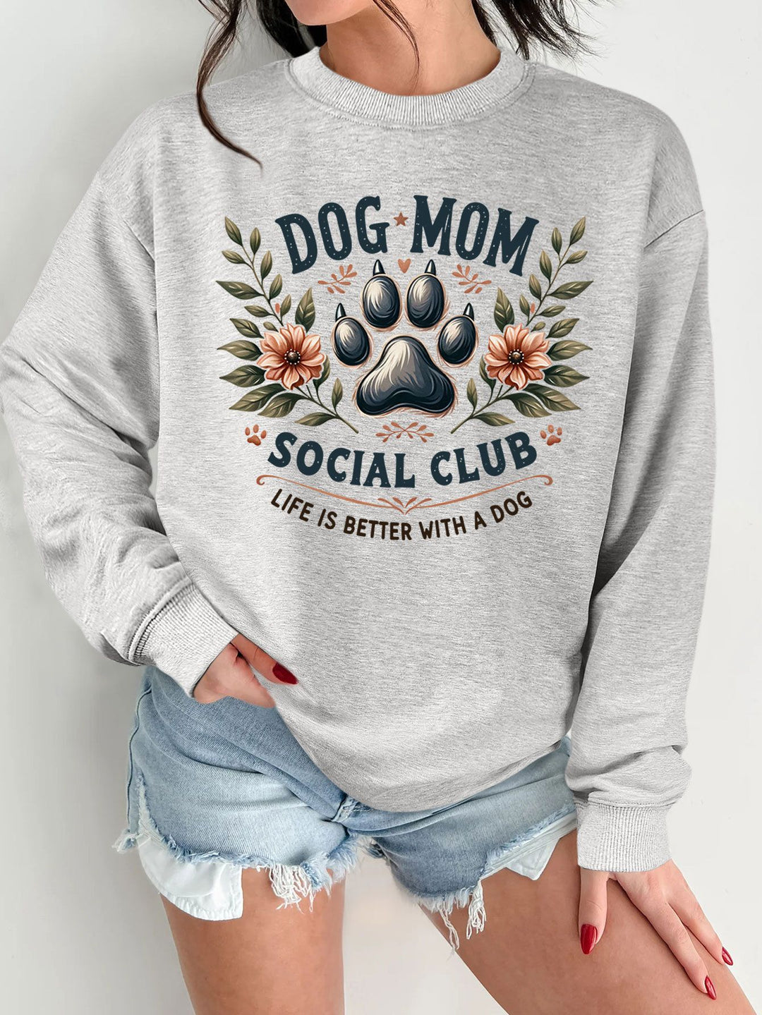 Damen Sweatshirt mit trendigem Hundemotiv und aufgepepptem Aufdruck Drune
