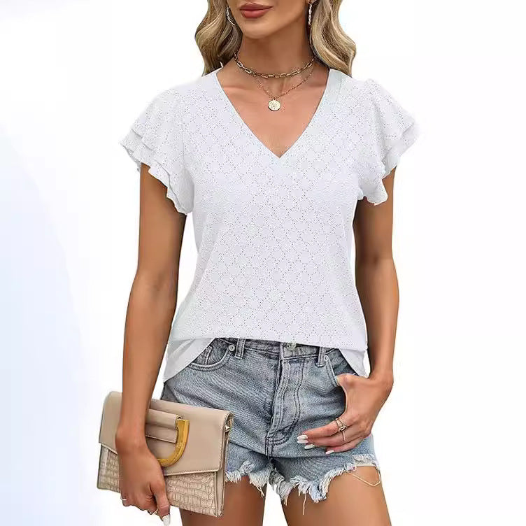 Damen modisches V-Ausschnitt-Shirt mit Rüschendetails Drune