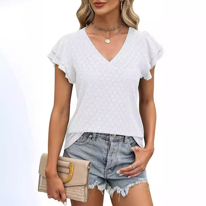Damen modisches V-Ausschnitt-Shirt mit Rüschendetails Drune