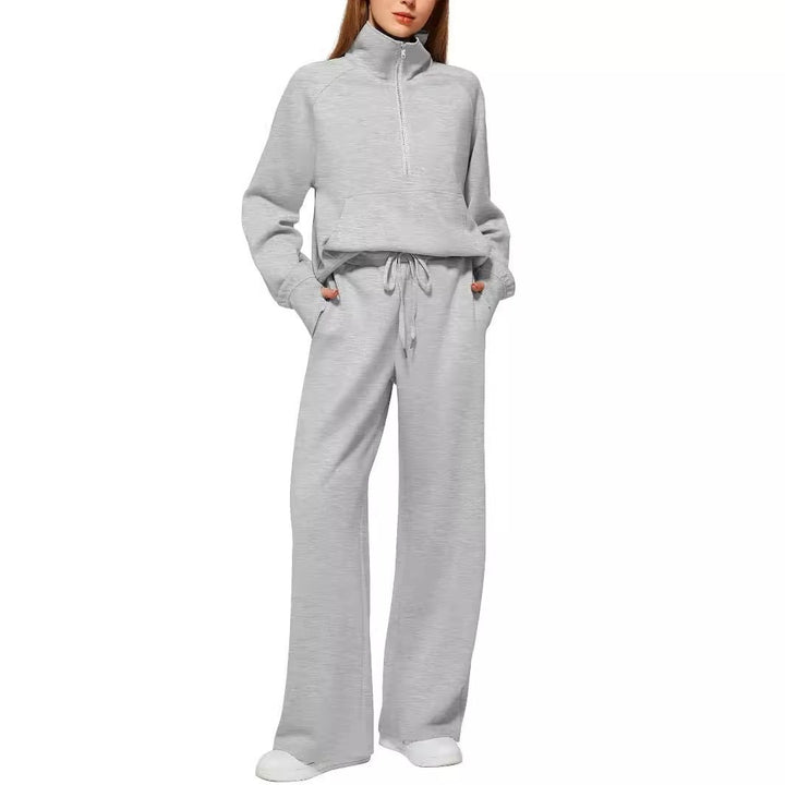 DamenSportliches Sweatshirt-Set mit hoher Kragen und weiten Beinen Drune