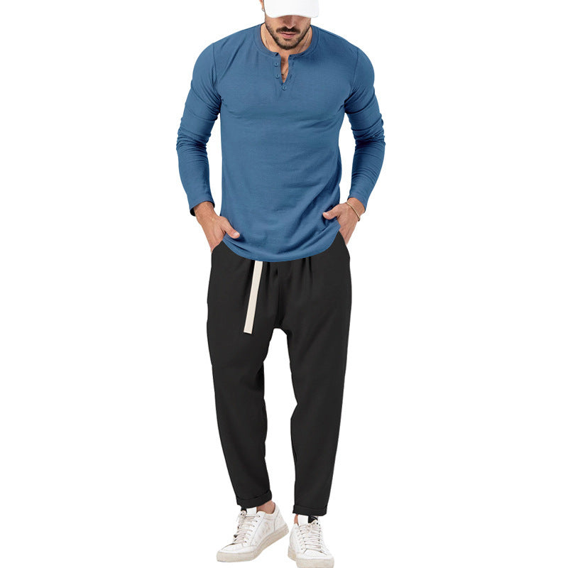 Herren lässiges Langarm-Henley-Shirt kombiniert mit eleganter Jogginghose Drune