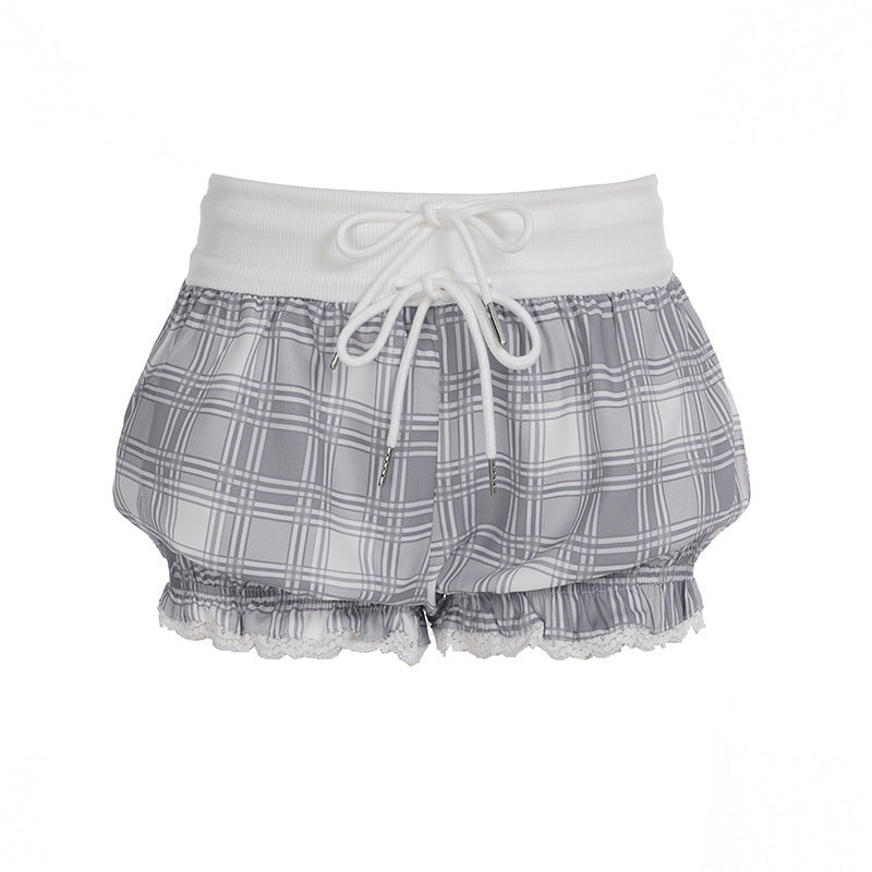 Damen modische Karostoff-Pyjama-Shorts mit Spitze und elastischem Bund Drune