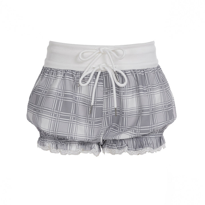 Damen modische Karostoff-Pyjama-Shorts mit Spitze und elastischem Bund Drune