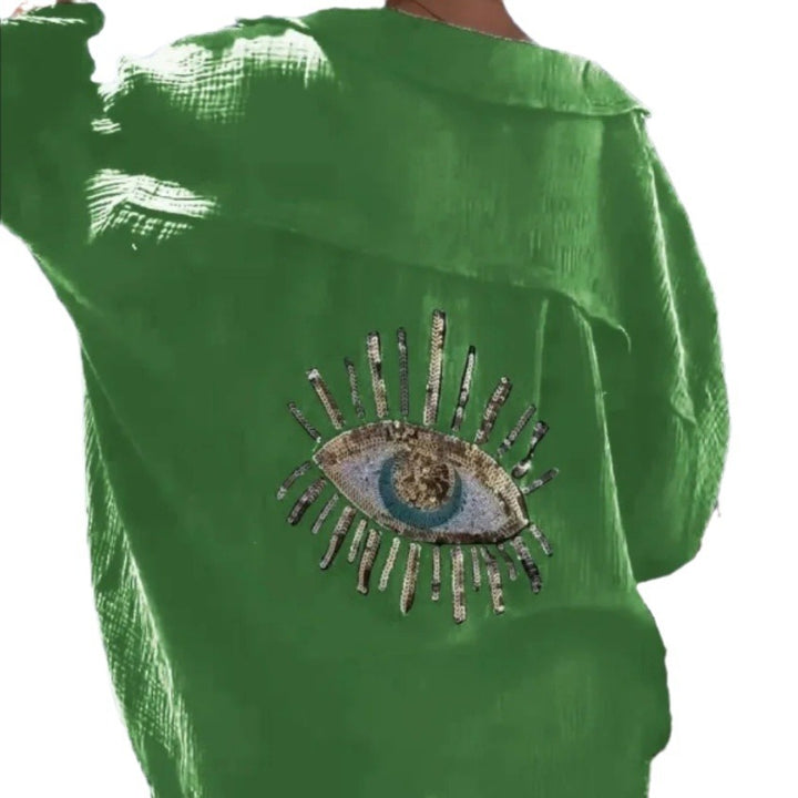 Damen lässige Bluse mit einzigartigem Augenmotiv und gestickten Akzenten Drune