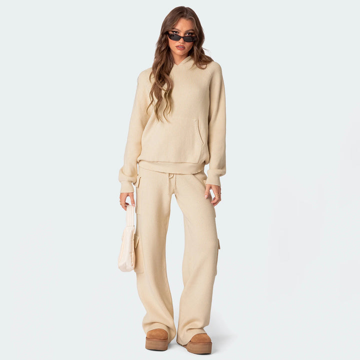 Damen nan gerippter Kapuzenpullover aus Feinstrick mit Kängurutasche und relaxed Fit Drune