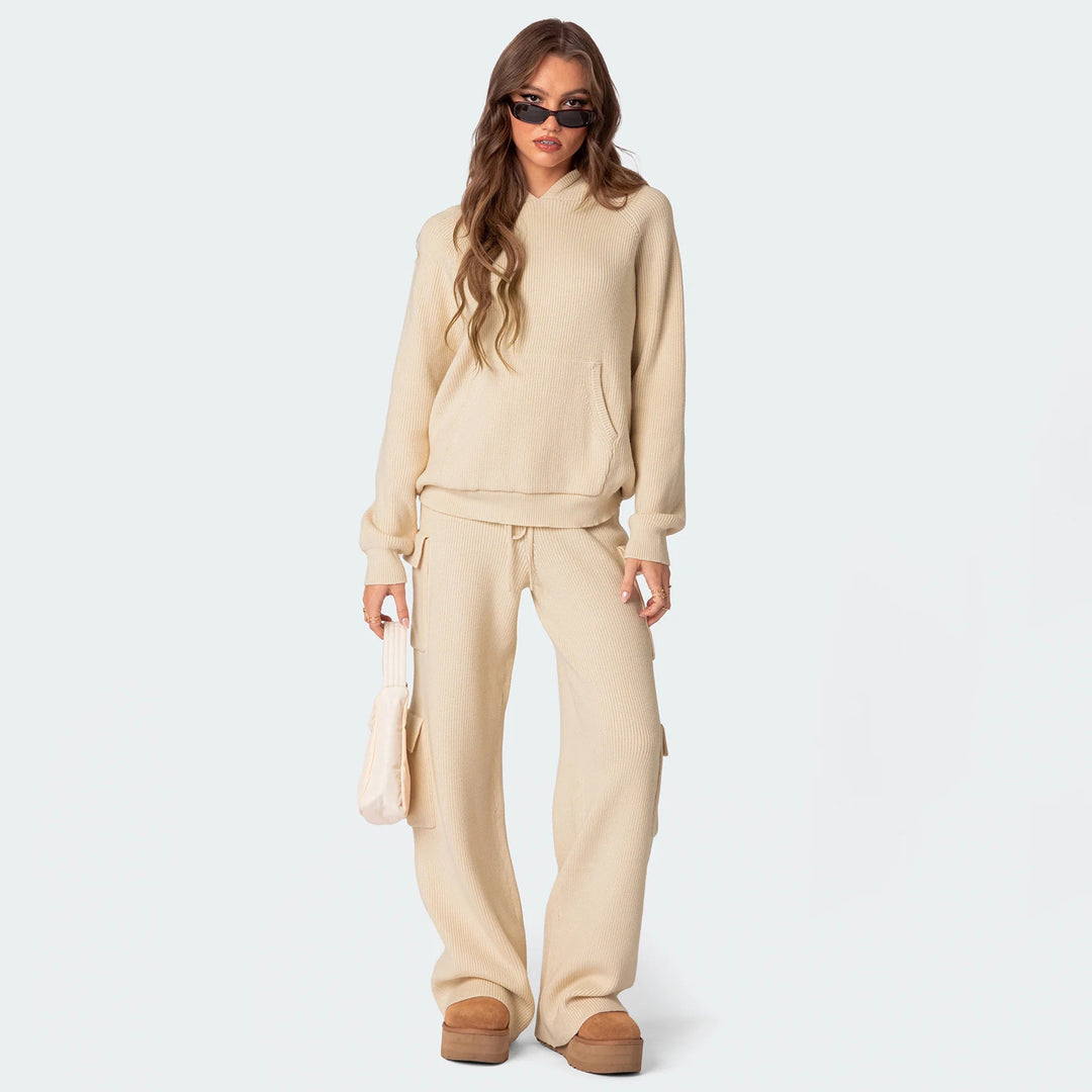 Damen bequemer Pullover mit Kapuze aus Rippstrick Drune
