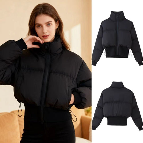 Damen nan kurz geschnittene Steppjacke mit hohem Stehkragen, Kordelzugsaum und breitem Rippenbund Drune