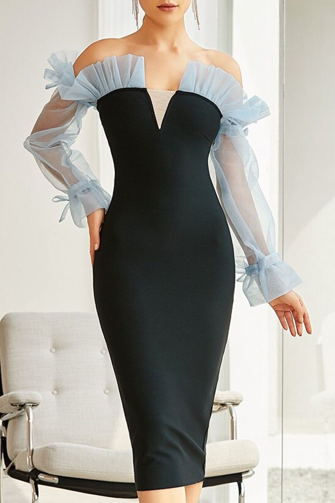 Damen Figurbetontes Cocktailkleid mit transparenten Puffärmeln und elegantem V-Ausschnitt Drune