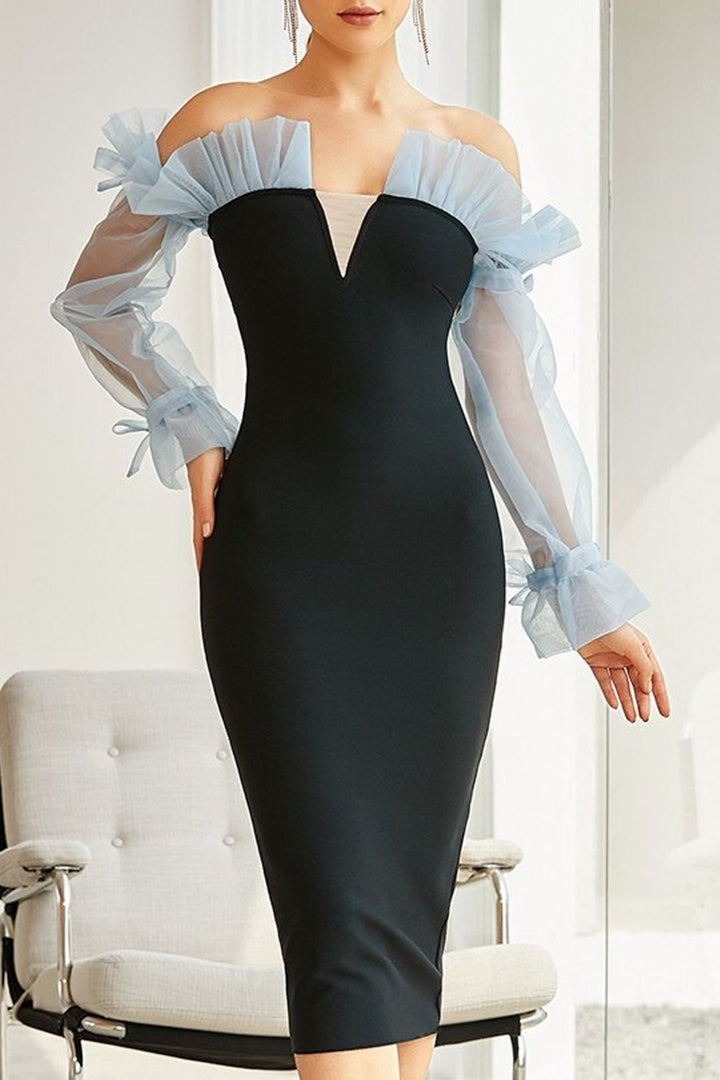 Damen Elegantes Kleid mit transparenten Puffärmeln Drune