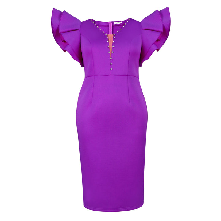 Damen elegantes figurbetontes Kleid mit auffälligen Rüschenärmeln und funkelnden Knöpfen Drune