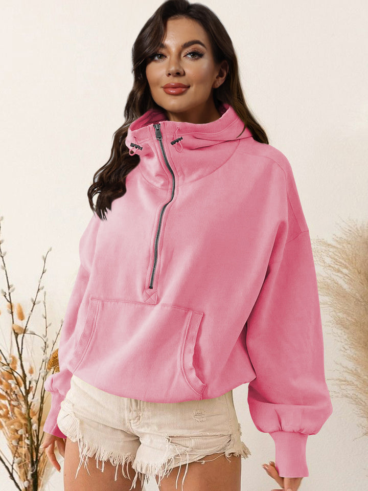 Damen sportlicher Kapuzenpullover mit halbem Reißverschluss und funktionalen Taschen Drune