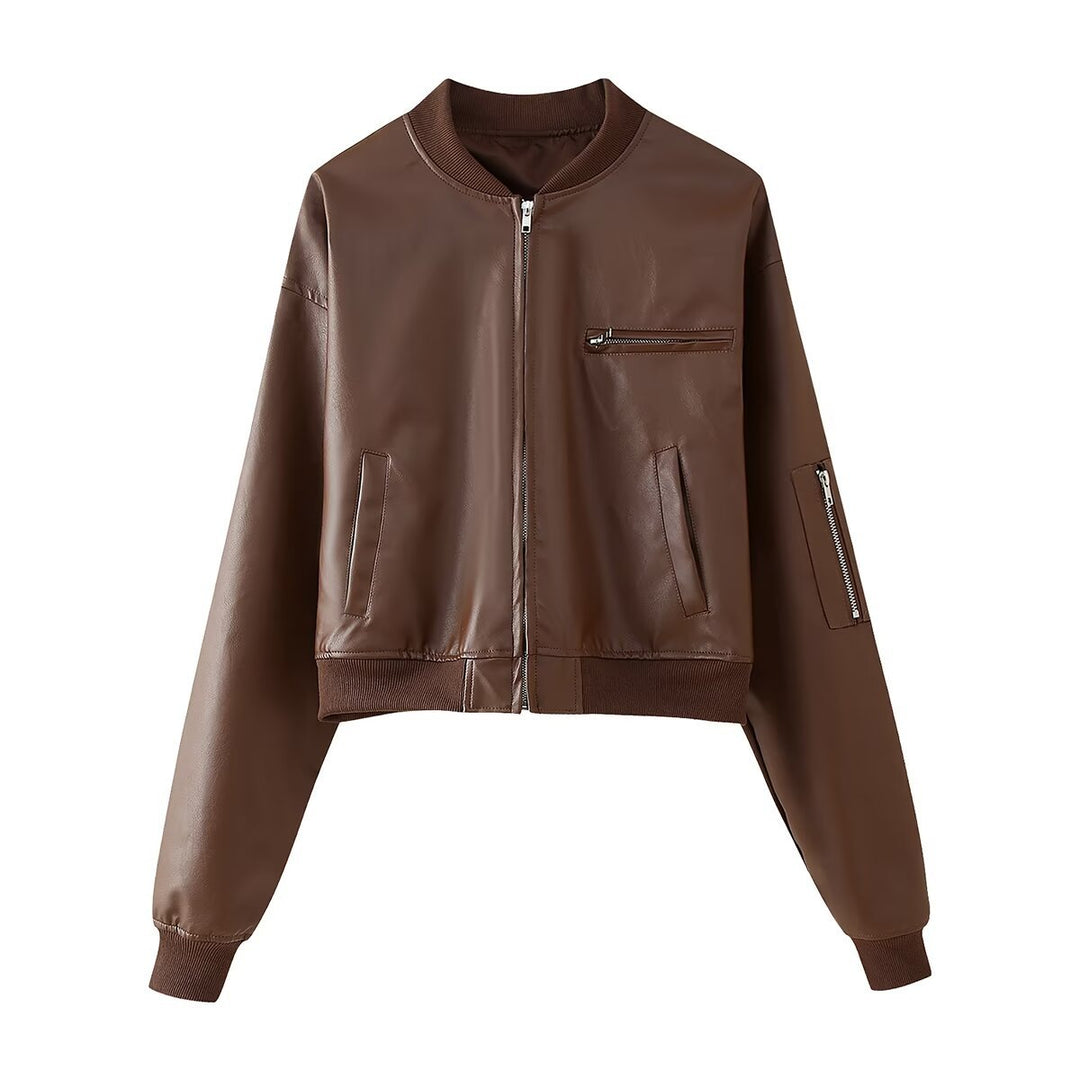 Damen modische Bomberjacke im lässigen Leder-Look mit praktischen Taschen Drune