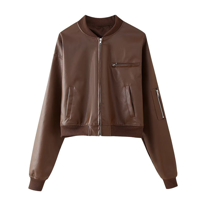 Damen modische Bomberjacke im lässigen Leder-Look mit praktischen Taschen Drune