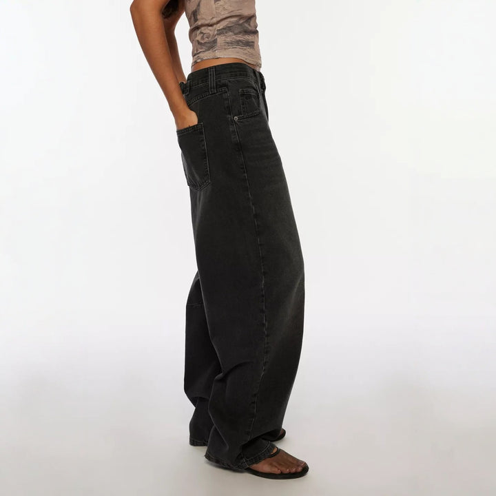 Damen lässige weite Jeans mit hoch geschnittenem Bund und seitlichen Taschen Drune