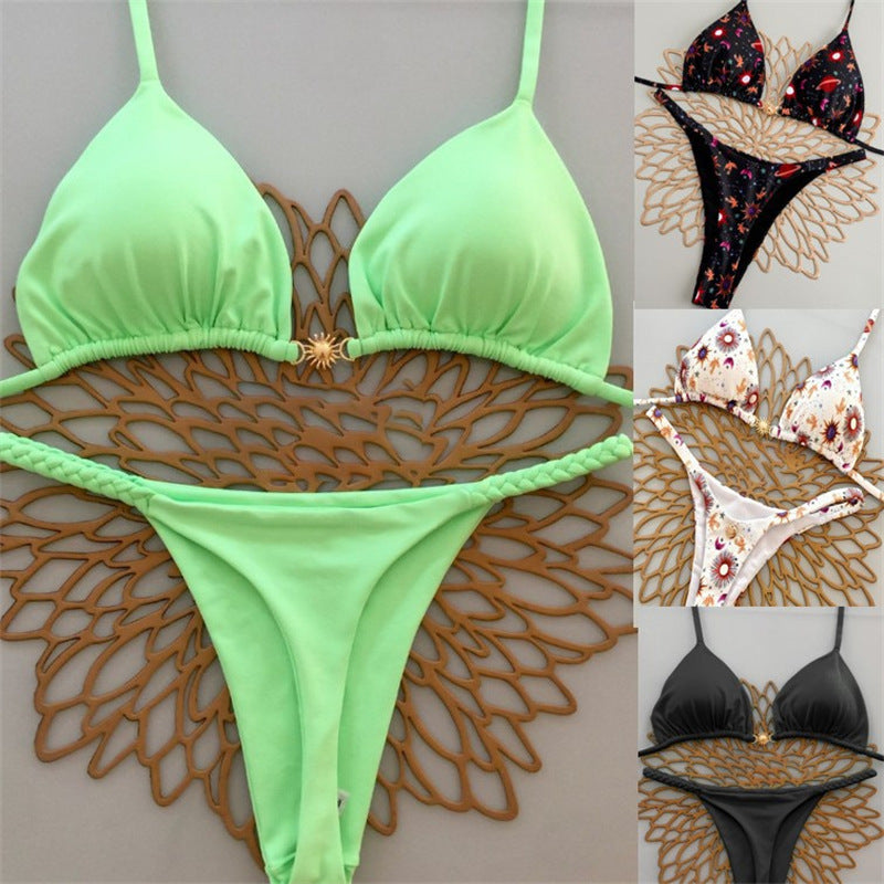 Damen Triangel-Bikini mit floralem Muster und eleganter Goldschließe Drune