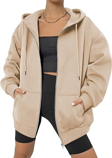 Damen nan oversized Zip-Kapuzenjacke mit kontrastierendem Reißverschluss, doppellagiger Kapuze und Kängurutasche Drune