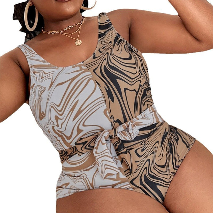 Damen Einteiler Badeanzug mit floralem Marmor-Design und taillierendem Bindegürtel Drune