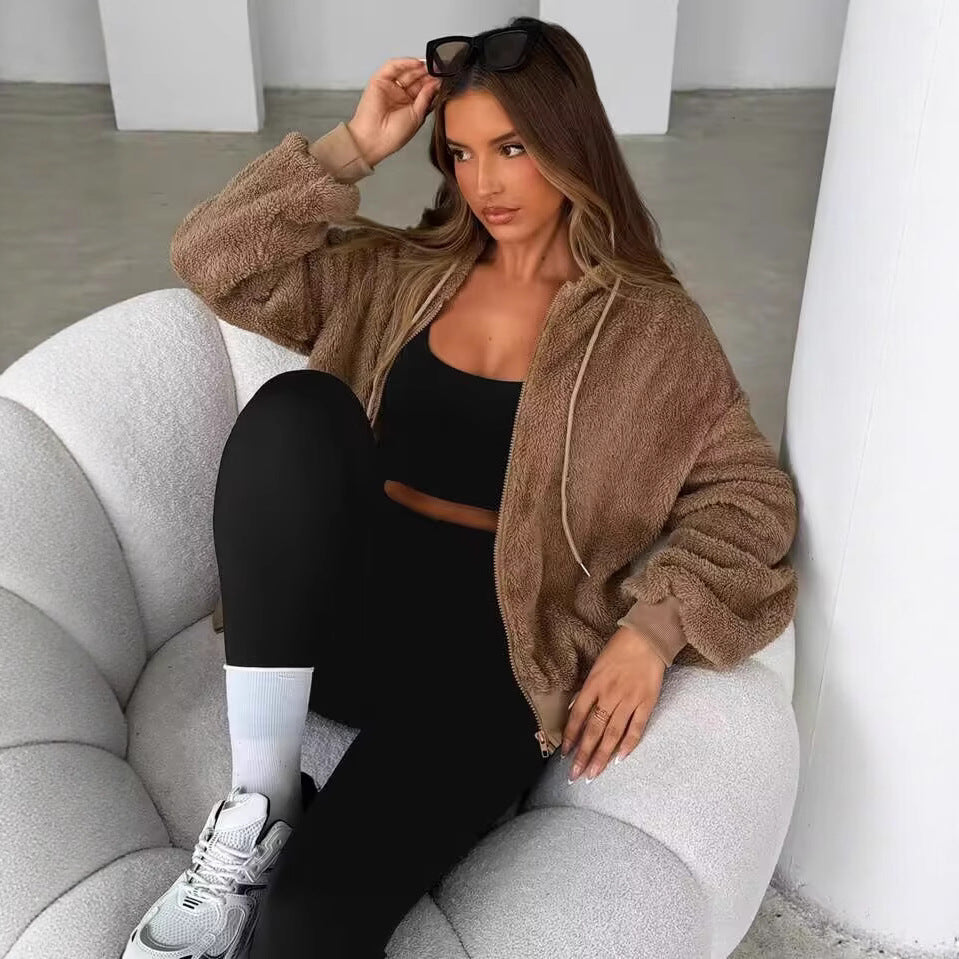 Damen Teddy-Fleecejacke mit Kapuze und elastischen Bündchen Drune