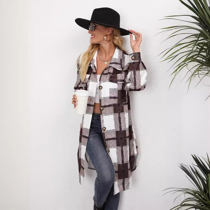 Damen Karomuster Longbluse mit Knopfverschluss und Seitentaschen Drune