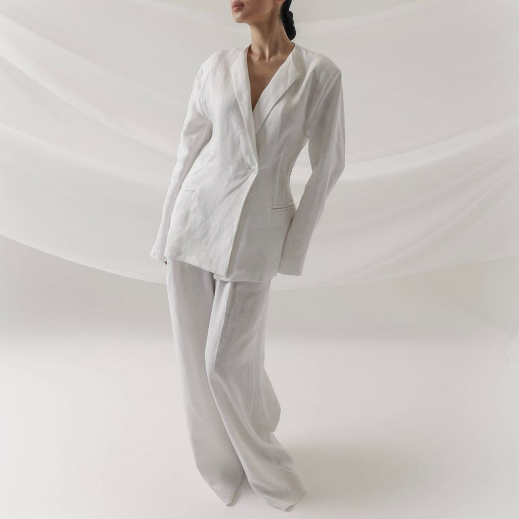 Damen elegantes Leinenanzug-Set mit langärmliger Jacke und weitem Schnitt Drune