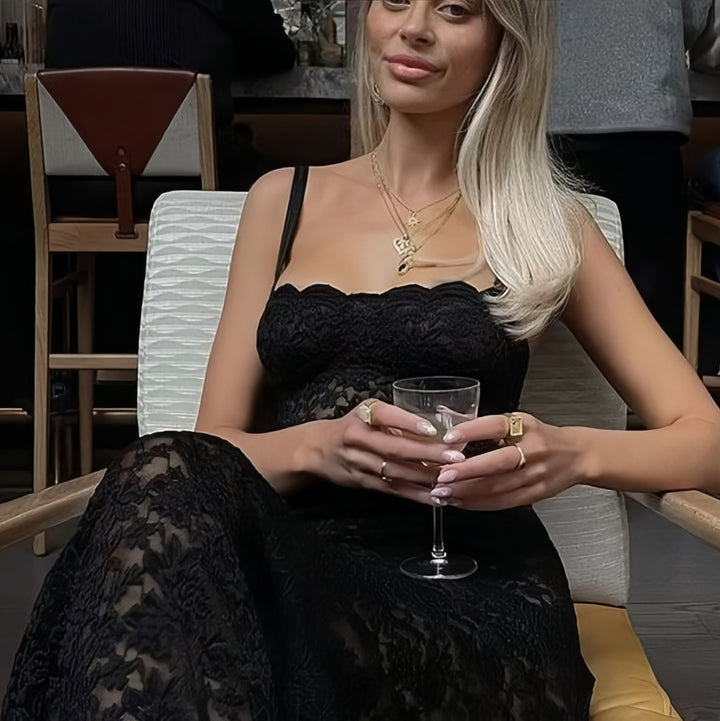 Damen Spitzen-Maxikleid mit verführerischem Schnitt und feinen Trägern Drune