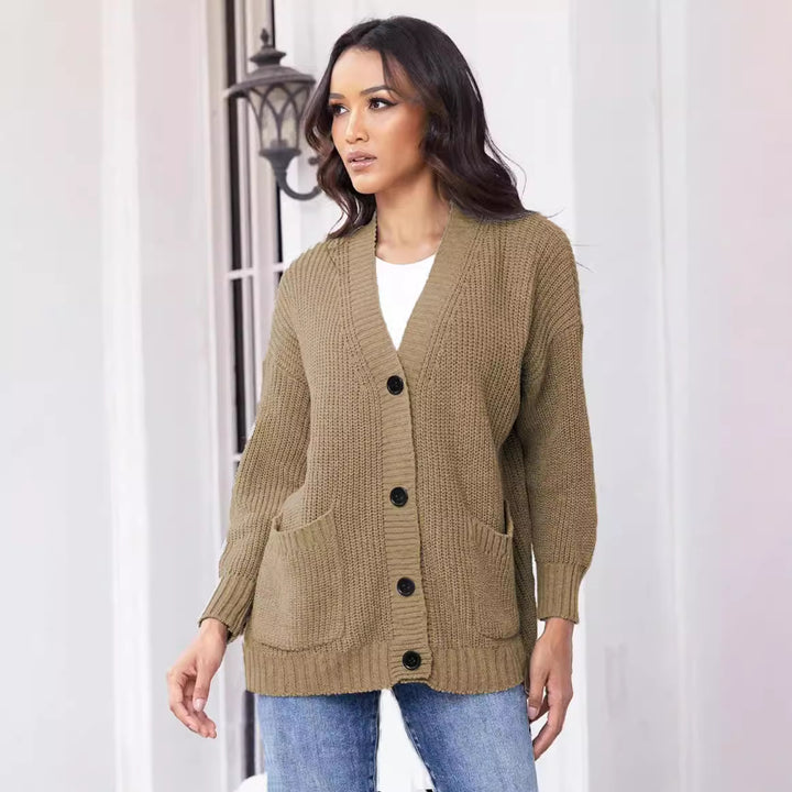 Damen Grobstrick-Cardigan mit großen Taschen und klassischem V-Ausschnitt Drune