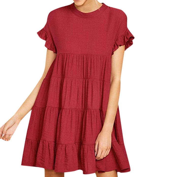 Damen luftiges Kurzarm Kleid mit Rüschendetails und fließendem Schnitt Drune
