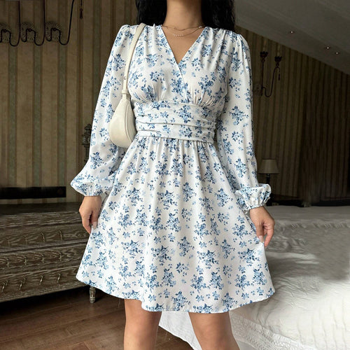 Damen florales Wickelkleid mit langen Ärmeln Drune