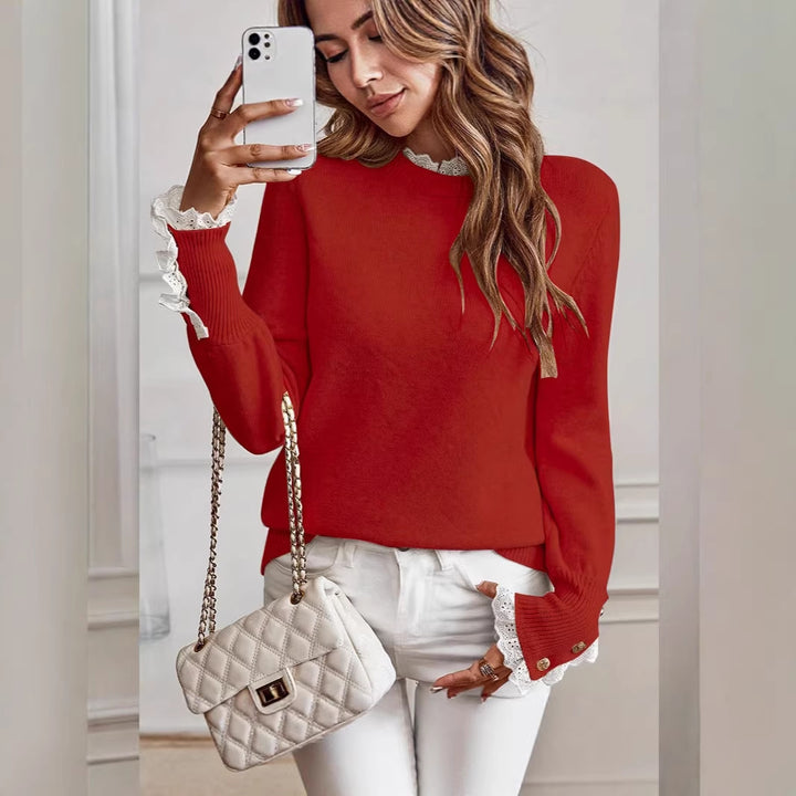 Damen feiner Pullover mit dekorativen Spitzenärmeln und eleganten Knopfdetails Drune