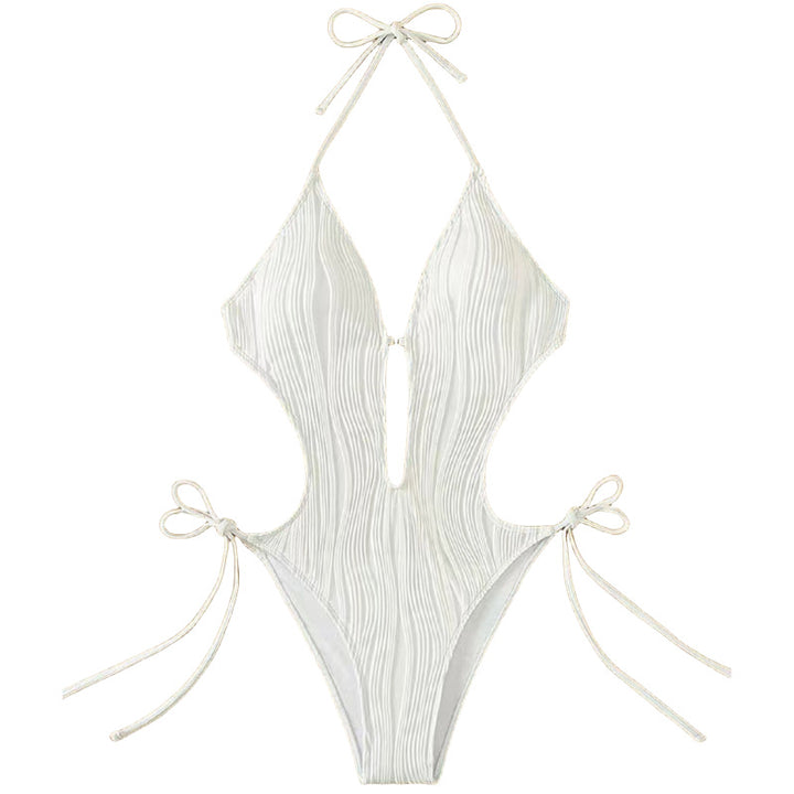 Damen Einteiler Badeanzug mit tiefem Ausschnitt und Rippendesign Drune
