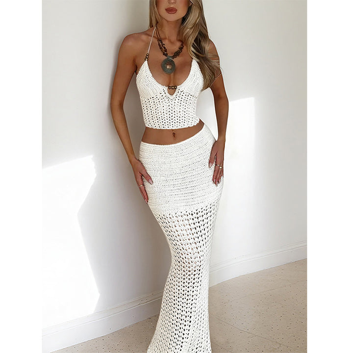 Damen Häkel-Maxikleid mit tiefem V-Ausschnitt und raffiniertem Schnitt Drune
