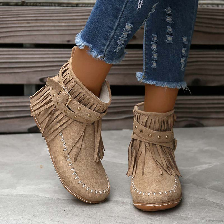 Drune | Boho Stiefelette Mit Fransen Und Schnallen Für Damen