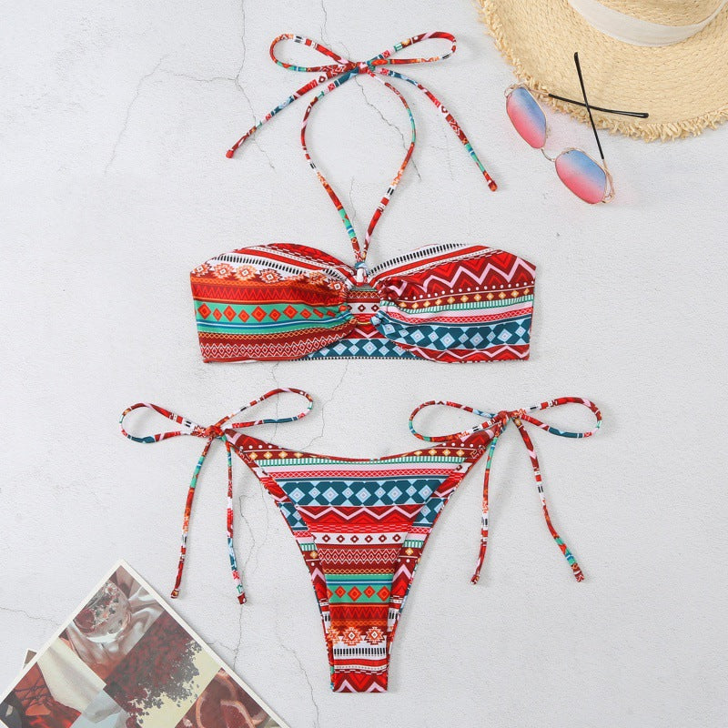 Damen Bandeau-Bikini mit verstellbaren Bindebändern und farbenfrohem Muster Drune