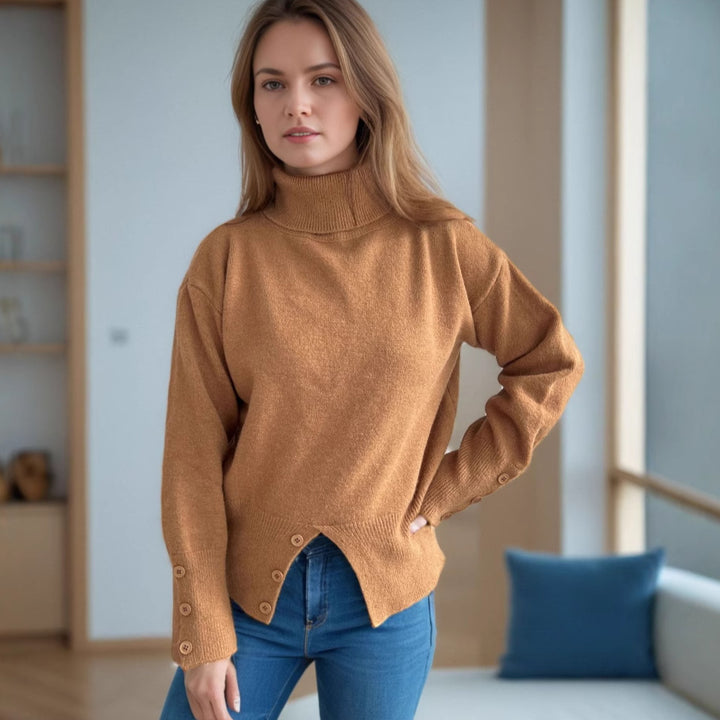 Damen modischer Rollkragenpullover mit Knopfdetails und asymmetrischem Saum Drune