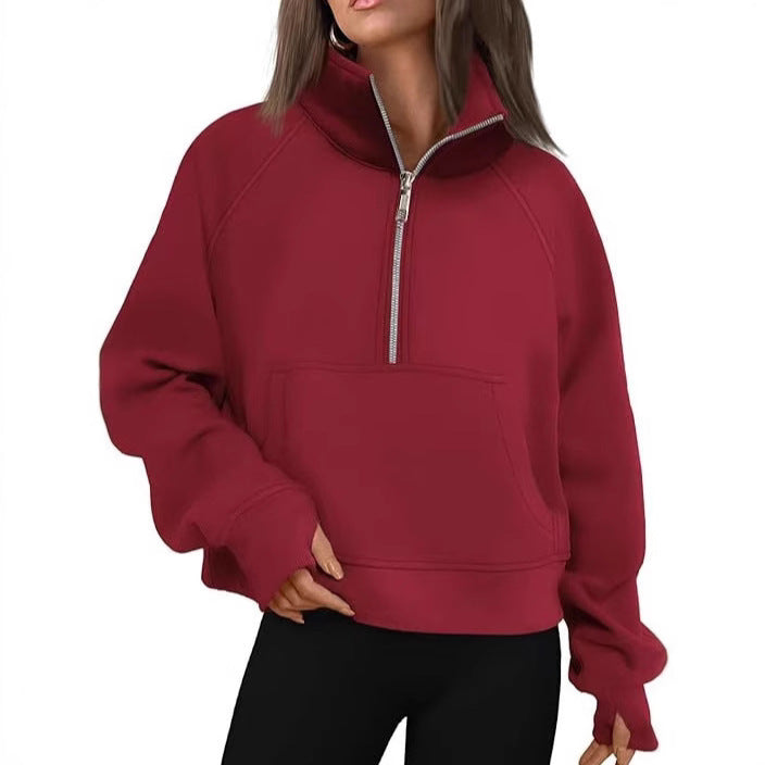 Damen nan oversized Sweatshirt mit halbem Reißverschluss Kängurutasche und Daumenlöchern Drune